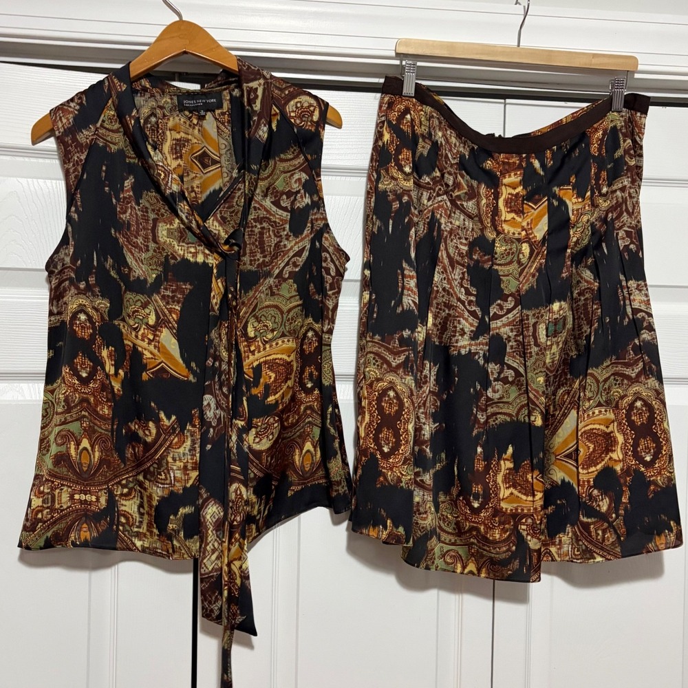 Jones New York Skirt Top Set Womens 12 Brown Paisley Core Indie Whimsigoth Fall